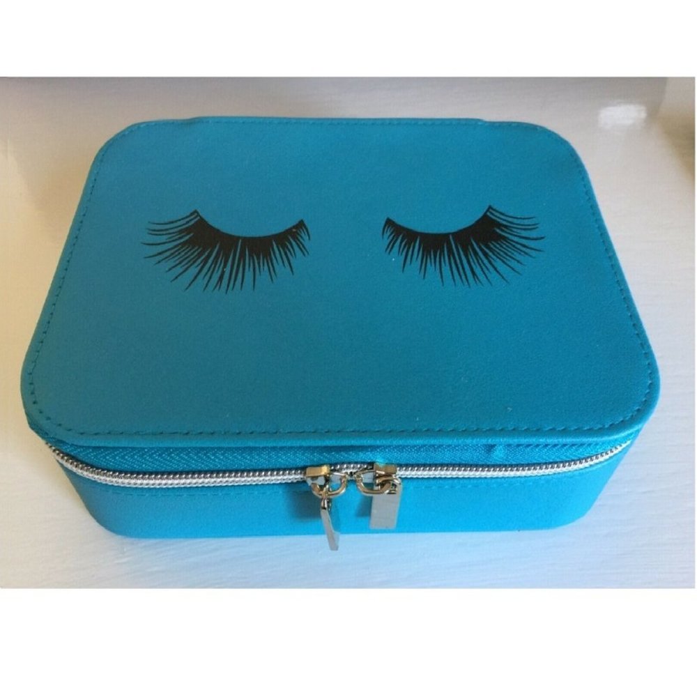 Neiman Marcus Teal Eye Lashes Makeup Tote Bag Case Travel NEW